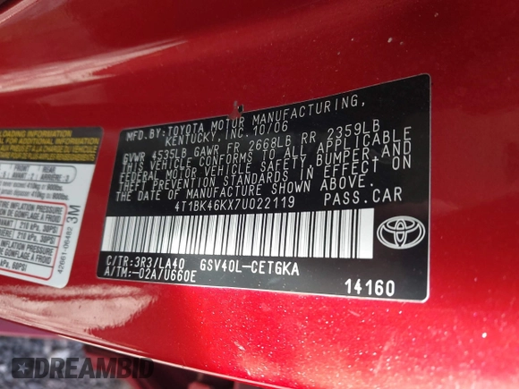 2007 Toyota Camry LE with VIN 4T1BK46KX7U022119, listed as a IAAI auction lot 41833893 with 174,598 mi miles and . Bid and sale history available at DreamBid. Image 9.