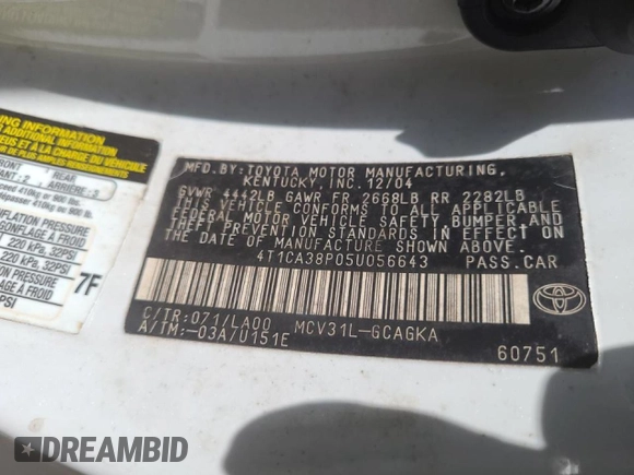2005 Toyota Solara SE with VIN 4T1CA38P05U056643, listed as a Copart auction lot 40883954 with Not Provided miles and Non Repairable. Bid and sale history available at carsss.com. Image 12.