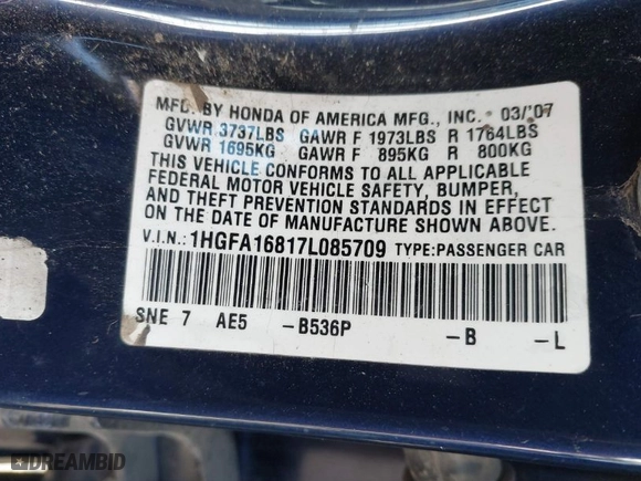 2007 Honda Civic Sdn EX with VIN 1HGFA16817L085709, listed as a IAAI auction lot 41706808 with 177,554 mi miles. Bid and sale history available at carsss.com. Image 9.