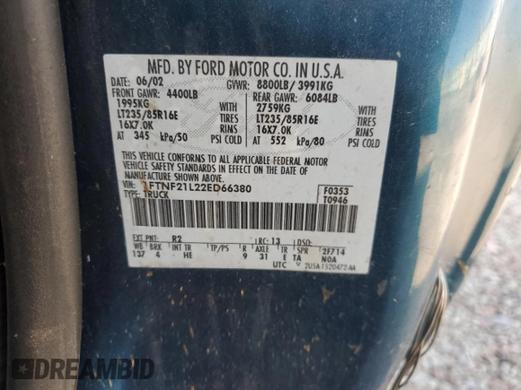2002 Ford F-250 XL with VIN 1FTNF21L22ED66380, listed as a Copart auction lot 61866605 with 101,152 mi miles and Clean title. Bid and sale history available at DreamBid. Image 12.