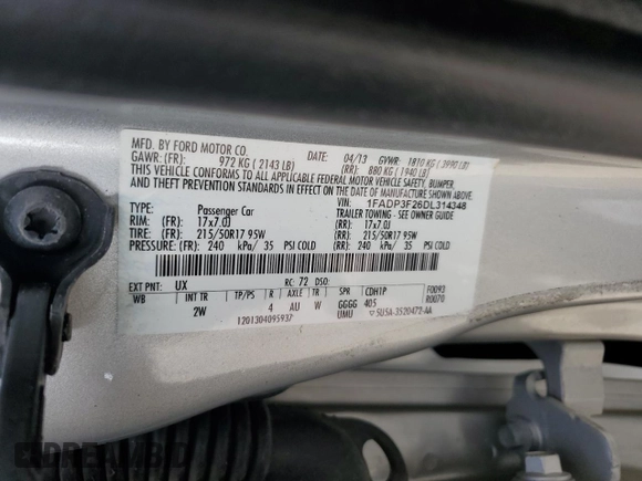 2013 Ford Focus SE with VIN 1FADP3F26DL314348, listed as a Copart auction lot 51295235 with 106,635 mi miles and Salvage Title. Bid and sale history available at carsss.com. Image 12.
