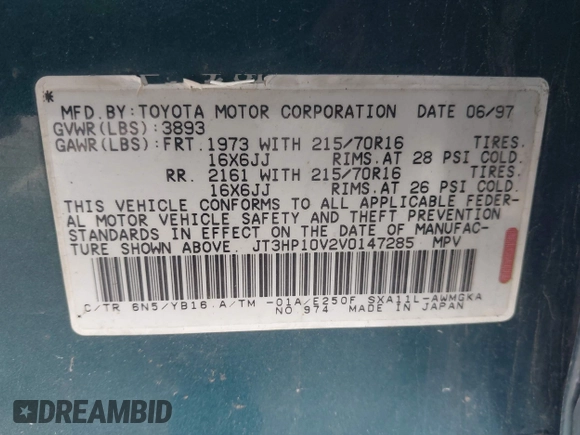 1997 Toyota RAV4 with VIN JT3HP10V2V0147285, listed as a IAAI auction lot 41856796 with 303,535 mi miles and . Bid and sale history available at DreamBid. Image 9.