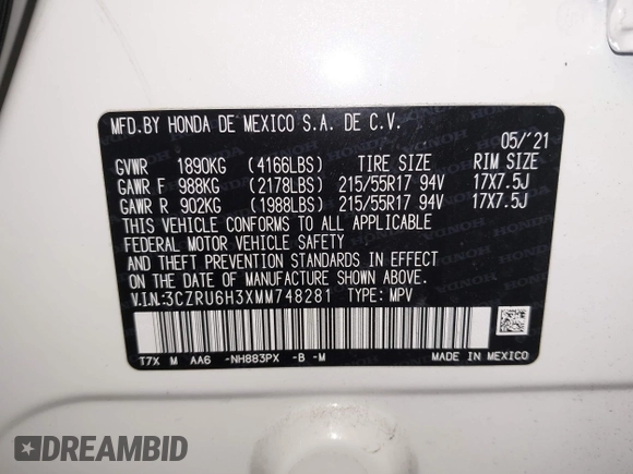 2021 Honda HR-V LX with VIN 3CZRU6H3XMM748281, listed as a IAAI auction lot 41903174 with 28,320 mi miles. Bid and sale history available at carsss.com. Image 9.