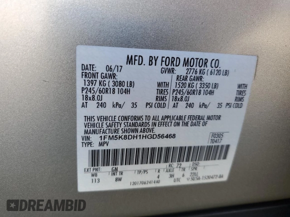 2017 Ford Explorer XLT z VIN 1FM5K8DH1HGD56468, wystawiony jako Copart lot #57130425 z przebiegiem 83 459 mil mil oraz Szkoda całkowita • Salvage title. Historia ofert i sprzedaży dostępna na DreamBid. Obrazek 13.