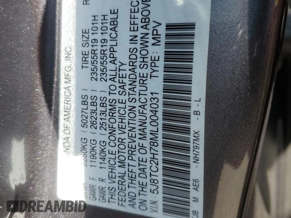 2021 Acura RDX Advance with VIN 5J8TC2H78ML004031, listed as a Copart auction lot 58540435 with 26,859 mi miles and Salvage title. Bid and sale history available at DreamBid. Image 13.