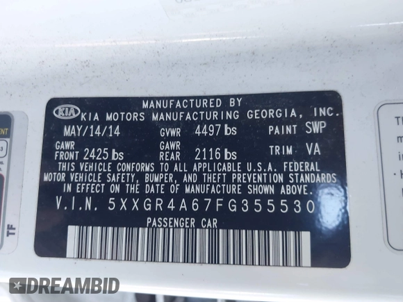 2015 Kia Optima SX Turbo with VIN 5XXGR4A67FG355530, listed as a IAAI auction lot 41442418 with 67,080 mi miles. Bid and sale history available at carsss.com. Image 9.
