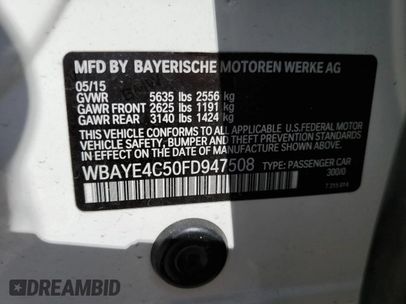 2015 BMW 7 Series 740Li with VIN WBAYE4C50FD947508, listed as a Copart auction lot 60527553 with 98,288 mi miles and . Bid and sale history available at DreamBid. Image 12.