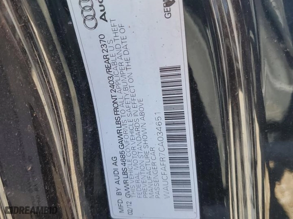 2012 Audi A5 2.0T Premium with VIN WAUCFAFR7CA034651, listed as a Copart auction lot 47577345 with 126,010 mi miles and Clean Title. Bid and sale history available at carsss.com. Image 12.