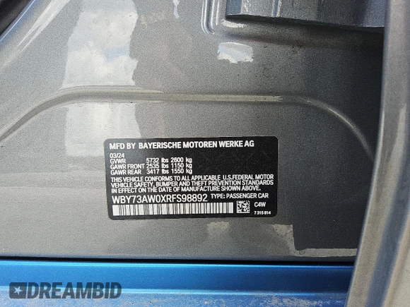 2024 BMW i4 eDrive40 z VIN WBY73AW0XRFS98892, wystawiony jako Copart lot #56057495 z przebiegiem 24 943 mil mil oraz Tytuł czysty. Historia ofert i sprzedaży dostępna na DreamBid. Obrazek 12.