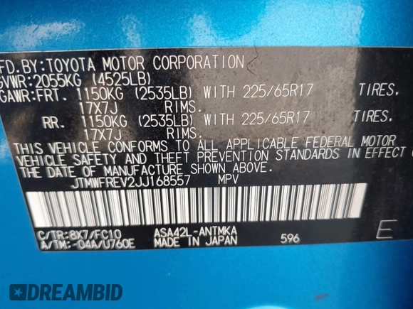 2018 Toyota RAV4 XLE with VIN JTMWFREV2JJ168557, listed as a IAAI auction lot 41994837 with 107,636 mi miles. Bid and sale history available at carsss.com. Image 9.