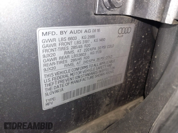 2017 Audi Q7 Premium Plus with VIN WA1LAAF73HD026692, listed as a IAAI auction lot 41938847 with 159,257 mi miles. Bid and sale history available at carsss.com. Image 9.