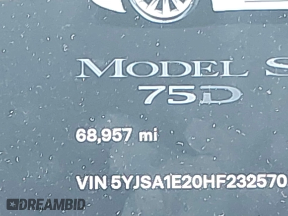2017 Tesla Model S 100D with VIN 5YJSA1E20HF232570, listed as a IAAI auction lot 42037409 with 68,957 mi miles and . Bid and sale history available at DreamBid. Image 15.