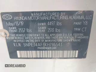 2019 Hyundai Sonata SEL with VIN 5NPE34AF3KH795543, listed as a IAAI auction lot 41794340 with Not Provided miles and . Bid and sale history available at DreamBid. Image 9.