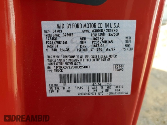 2003 Ford F-150 XL with VIN 1FTRX07L93KD25001, listed as a Copart auction lot 75427454 with Not provided miles and Salvage title. Bid and sale history available at DreamBid. Image 12.
