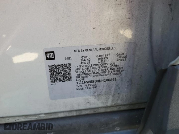 2022 Chevrolet Bolt EV 1LT with VIN 1G1FW6S00N4100861, listed as a Copart auction lot 52568135 with 42,220 mi miles and Salvage title. Bid and sale history available at DreamBid. Image 12.