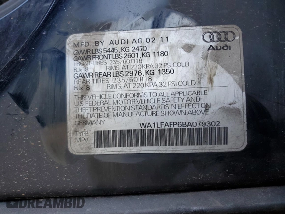 2011 Audi Q5 Premium Plus z VIN WA1LFAFP6BA079302, wystawiony jako Copart lot #61946585 z przebiegiem Nie podano mil oraz Nie do naprawy • Non repairable. Historia ofert i sprzedaży dostępna na DreamBid. Obrazek 12.