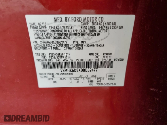 2013 Ford Flex Limited with VIN 2FMHK6D8XDBD32477, listed as a Copart auction lot 48798155 with 101,490 mi miles and Salvage Title. Bid and sale history available at carsss.com. Image 15.