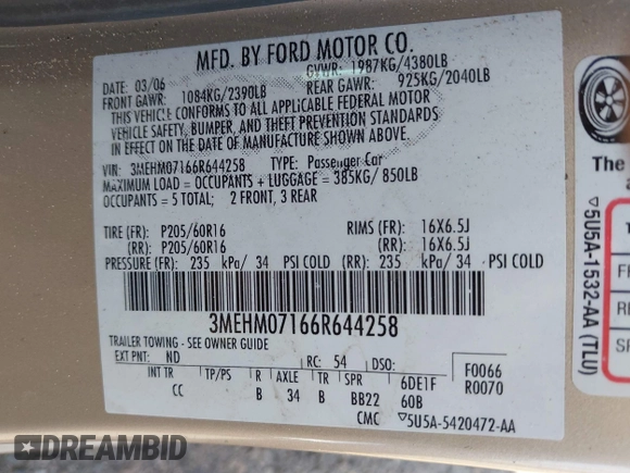 2006 Mercury Milan with VIN 3MEHM07166R644258, listed as a IAAI auction lot 42484544 with 65,230 mi miles and . Bid and sale history available at DreamBid. Image 9.