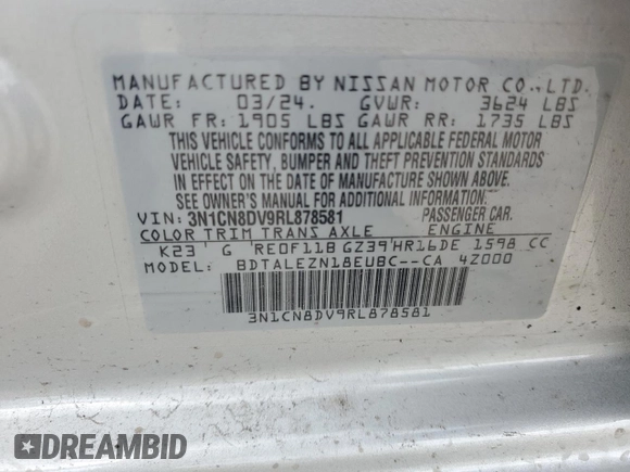 2024 Nissan Versa S with VIN 3N1CN8DV9RL878581, listed as a Copart auction lot 61565205 with 6,336 mi miles and Non repairable. Bid and sale history available at DreamBid. Image 12.