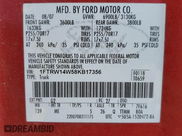 2008 Ford F-150 XL with VIN 1FTRW14W58KB17356, listed as a Copart auction lot 55103535 with 175,429 mi miles and Clean title. Bid and sale history available at DreamBid. Image 12.