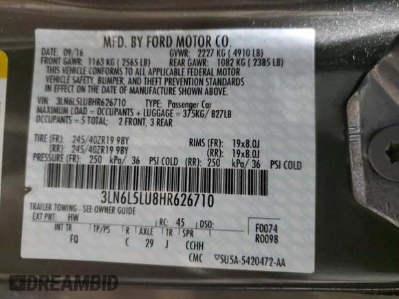 2017 Lincoln MKZ Hybrid Select with VIN 3LN6L5LU8HR626710, listed as a Copart auction lot 44447365 with 54,877 mi miles and Salvage Title. Bid and sale history available at DreamBid. Image 12.