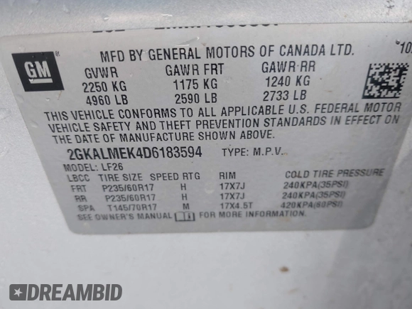 2013 GMC Terrain SLE with VIN 2GKALMEK4D6183594, listed as a IAAI auction lot 41018851 with 178,848 mi miles. Bid and sale history available at carsss.com. Image 9.