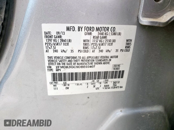 2013 Ford Edge SE with VIN 2FMDK3GC9DBE03407, listed as a Copart auction lot 56876445 with 99,083 mi miles and Salvage title. Bid and sale history available at DreamBid. Image 13.