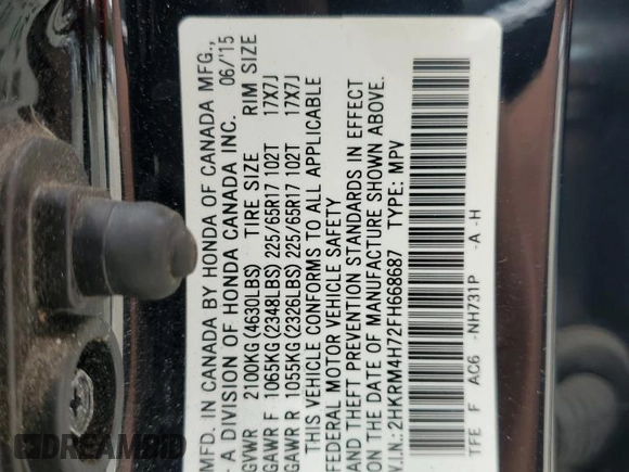 2015 Honda CR-V EX-L with VIN 2HKRM4H72FH668687, listed as a Copart auction lot 60478244 with Not Provided miles and Salvage Title. Bid and sale history available at DreamBid. Image 13.