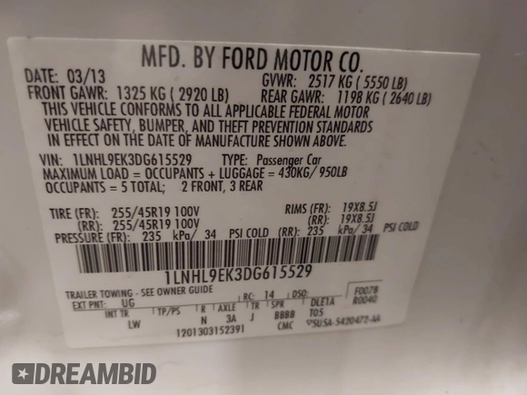 2013 Lincoln MKS с VIN 1LNHL9EK3DG615529, выставлен на аукционе IAAI как лот 42288732 с пробегом 135 876 миль миль и . История ставок и продаж доступна на DreamBid. Изображение 9.