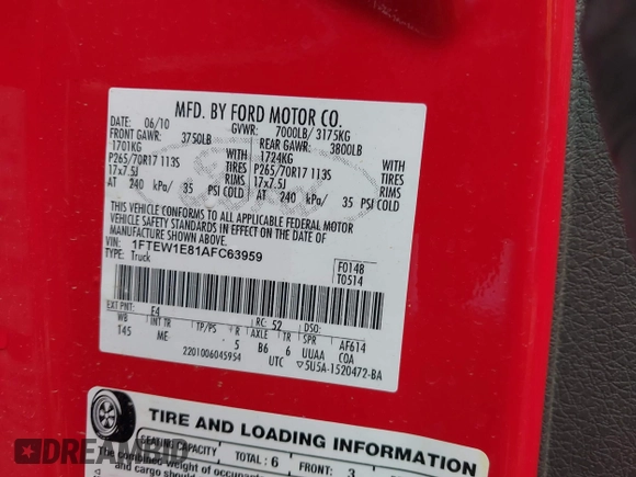 2010 Ford F-150 XL with VIN 1FTEW1E81AFC63959, listed as a IAAI auction lot 42131158 with 318,408 mi miles and . Bid and sale history available at DreamBid. Image 9.
