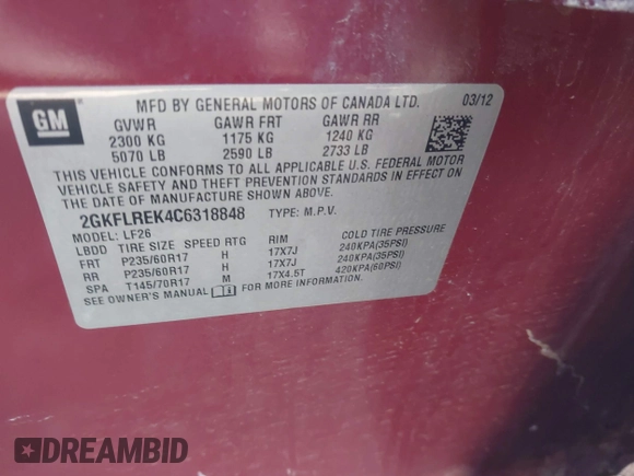 2012 GMC Terrain SLE-1 with VIN 2GKFLREK4C6318848, listed as a IAAI auction lot 42625829 with 98,737 mi miles and . Bid and sale history available at DreamBid. Image 9.