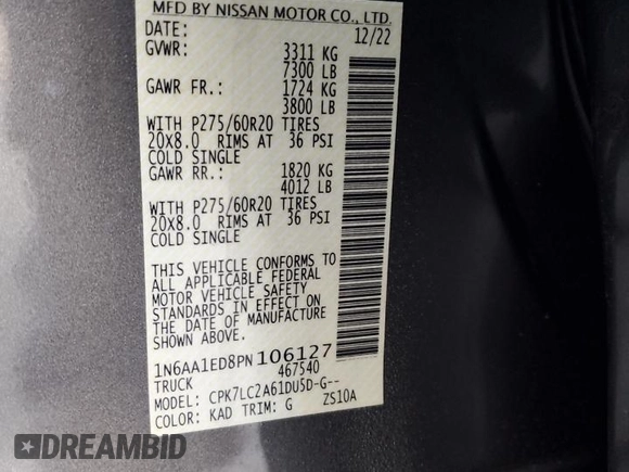 2023 Nissan Titan SV with VIN 1N6AA1ED8PN106127, listed as a Copart auction lot 82214774 with 39,089 mi miles and Salvage title. Bid and sale history available at DreamBid. Image 14.
