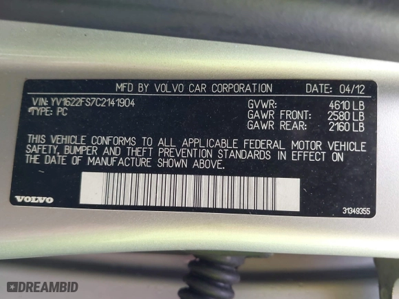 2012 Volvo S60 T5 with VIN YV1622FS7C2141904, listed as a IAAI auction lot 41918452 with 151,908 mi miles. Bid and sale history available at carsss.com. Image 9.