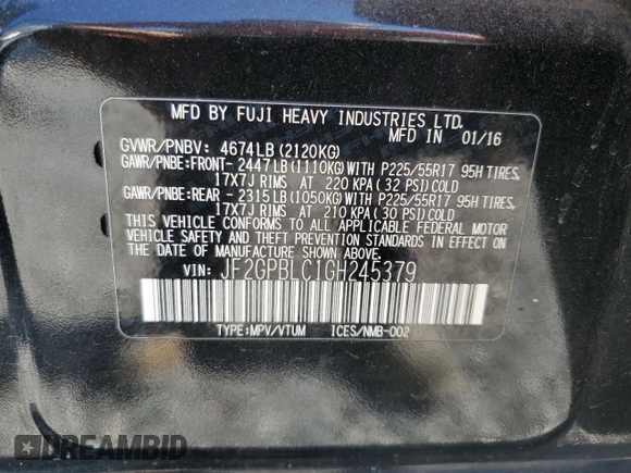 2016 Subaru Crosstrek Touring z VIN JF2GPBLC1GH245379, wystawiony jako Copart lot #53226135 z przebiegiem 187 331 mil mil oraz Szkoda całkowita • Salvage title. Historia ofert i sprzedaży dostępna na DreamBid. Obrazek 12.