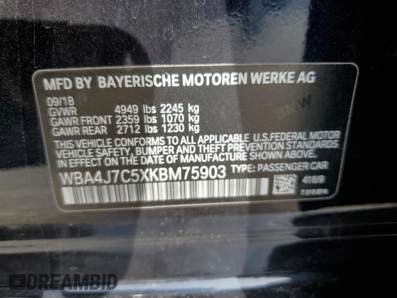 2019 BMW 4 Series 440i xDrive с VIN WBA4J7C5XKBM75903, выставлен на аукционе Copart как лот 52015485 с пробегом 78 488 миль миль и Списание • Salvage title. История ставок и продаж доступна на DreamBid. Изображение 15.