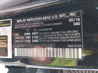 2017 Mercedes-Benz C 300 with VIN 55SWF4JB1HU190340, listed as a IAAI auction lot 41955855 with 158,810 mi miles and . Bid and sale history available at DreamBid. Image 9.