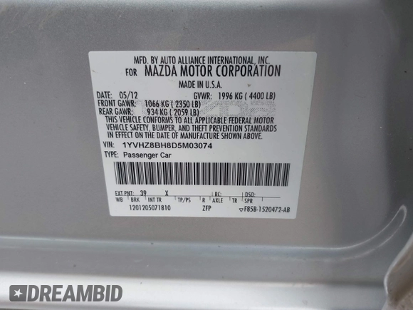 2013 Mazda 6 i Sport with VIN 1YVHZ8BH8D5M03074, listed as a IAAI auction lot 41312317 with 165,273 mi miles. Bid and sale history available at carsss.com. Image 9.
