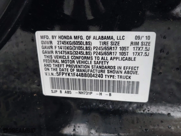 2011 Honda Ridgeline RTS with VIN 5FPYK1F44BB004240, listed as a IAAI auction lot 41248168 with 133,327 mi miles. Bid and sale history available at carsss.com. Image 9.