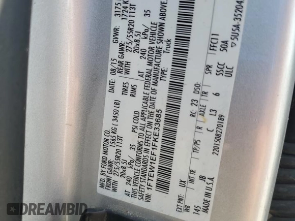 2015 Ford F-150 XLT с VIN 1FTEW1EF1FKE33685, выставлен на аукционе Copart как лот 57180675 с пробегом Не указан миль и Списание • Salvage title. История ставок и продаж доступна на DreamBid. Изображение 12.