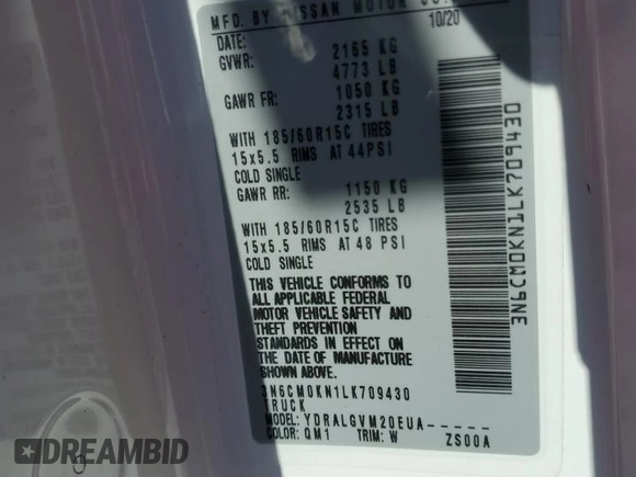2020 Nissan NV200 S with VIN 3N6CM0KN1LK709430, listed as a Copart auction lot 52607345 with 81,482 mi miles and Salvage title. Bid and sale history available at DreamBid. Image 13.