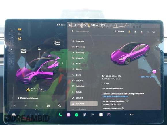 2025 Tesla Model 3 Long Range with VIN 5YJ3E1EA5SF919681, listed as a IAAI auction lot 41818042 with 2,173 mi miles and . Bid and sale history available at DreamBid. Image 7.