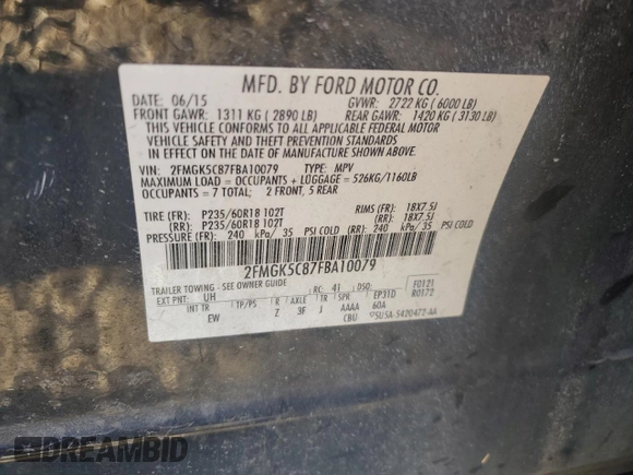 2015 Ford Flex SEL with VIN 2FMGK5C87FBA10079, listed as a Copart auction lot 47274955 with 210,987 mi miles and Salvage Title. Bid and sale history available at carsss.com. Image 15.