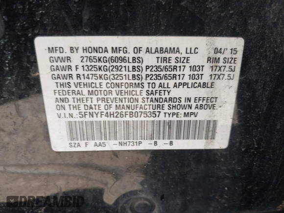 2015 Honda Pilot LX with VIN 5FNYF4H26FB075357, listed as a IAAI auction lot 41815967 with 192,422 mi miles. Bid and sale history available at carsss.com. Image 9.