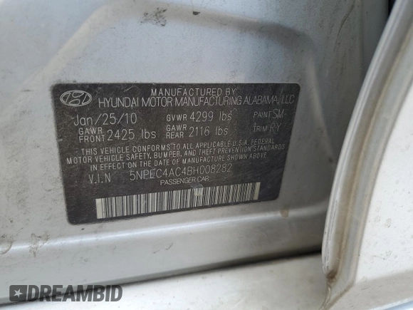 2011 Hyundai Sonata Limited with VIN 5NPEC4AC4BH008282, listed as a Copart auction lot 53829625 with 276,744 mi miles and Clean Title. Bid and sale history available at carsss.com. Image 12.