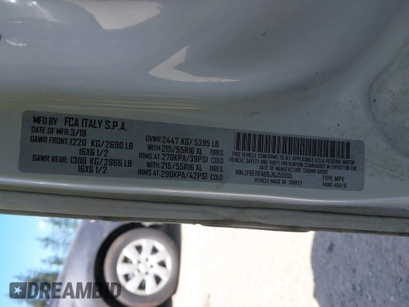 2018 Ram ProMaster City Cargo Tradesman with VIN ZFBERFAB6J6J55135, listed as a IAAI auction lot 42085413 with 124,408 mi miles. Bid and sale history available at carsss.com. Image 9.