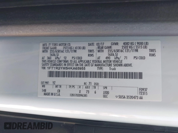 2017 Ford Transit with VIN 1FTYR2YM5HKA65955, listed as a IAAI auction lot 42188818 with Not provided miles and . Bid and sale history available at DreamBid. Image 9.