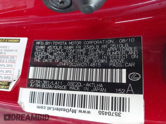 2011 Lexus IS 250 C with VIN JTHFF2C26B2514815, listed as a IAAI auction lot 42465891 with 186,673 mi miles and . Bid and sale history available at DreamBid. Image 9.