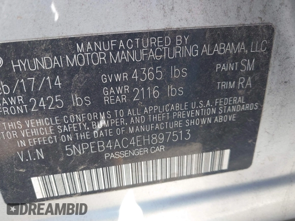 2014 Hyundai Sonata GLS with VIN 5NPEB4AC4EH897513, listed as a IAAI auction lot 41953553 with 209,502 mi miles and . Bid and sale history available at DreamBid. Image 9.