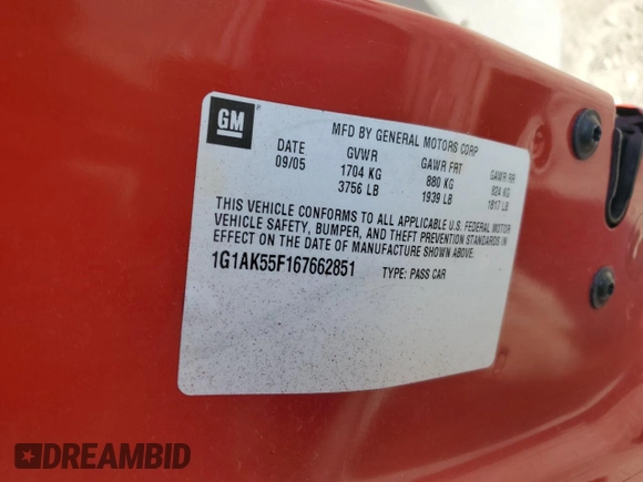 2006 Chevrolet Cobalt LS with VIN 1G1AK55F167662851, listed as a Copart auction lot 50146765 with 95,717 mi miles and Salvage Title. Bid and sale history available at DreamBid. Image 12.