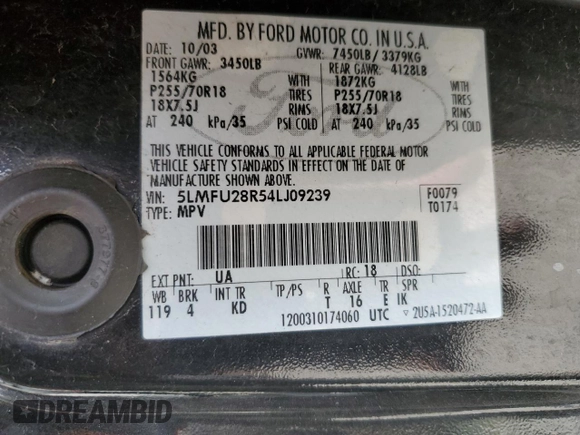 2004 Lincoln Navigator Luxury with VIN 5LMFU28R54LJ09239, listed as a Copart auction lot 55141205 with Not provided miles and Salvage title. Bid and sale history available at DreamBid. Image 14.